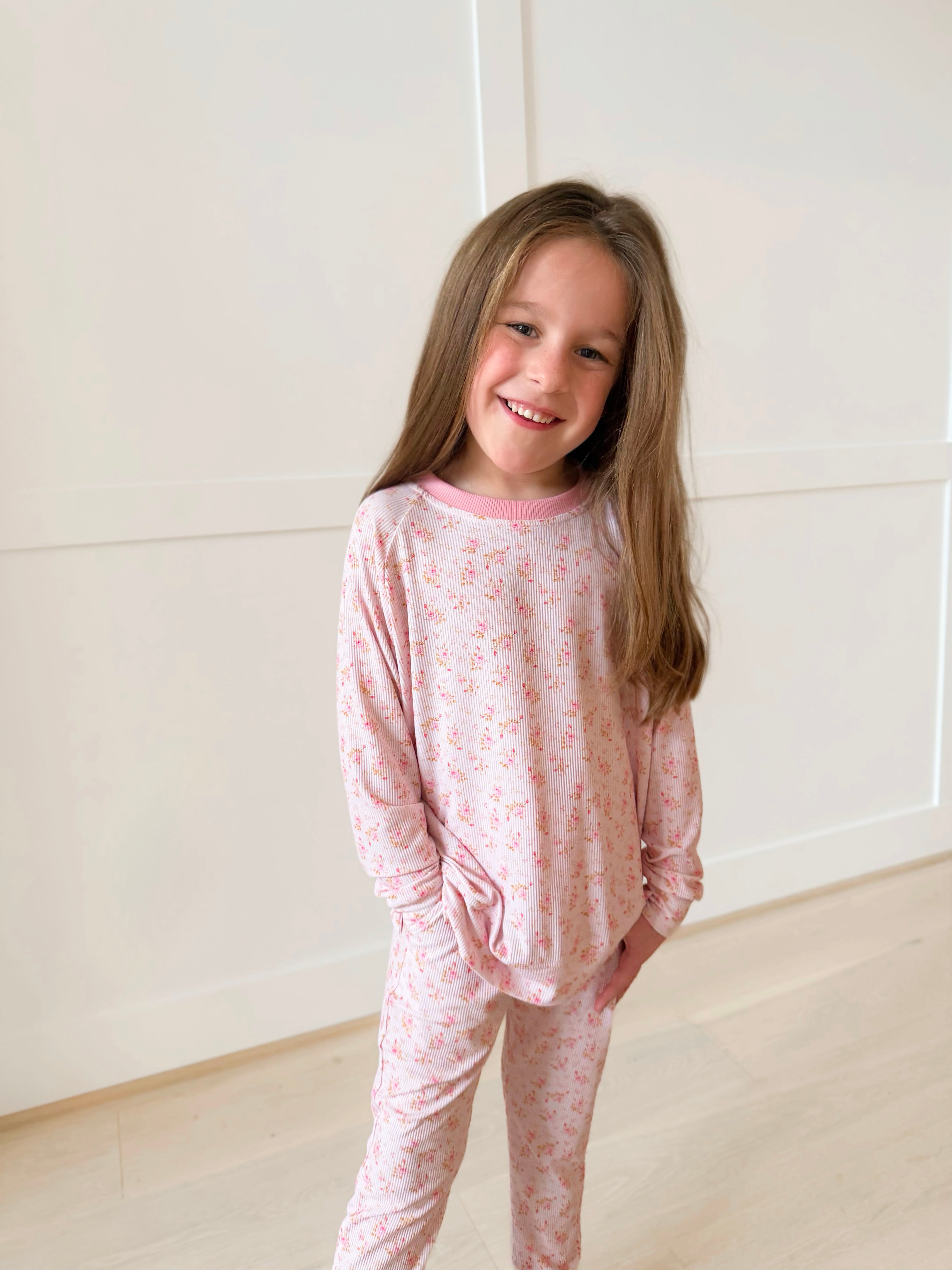 Bamboo RIBBED BLUSH IN BLOOMS kids crewneck & JOGGER SET
