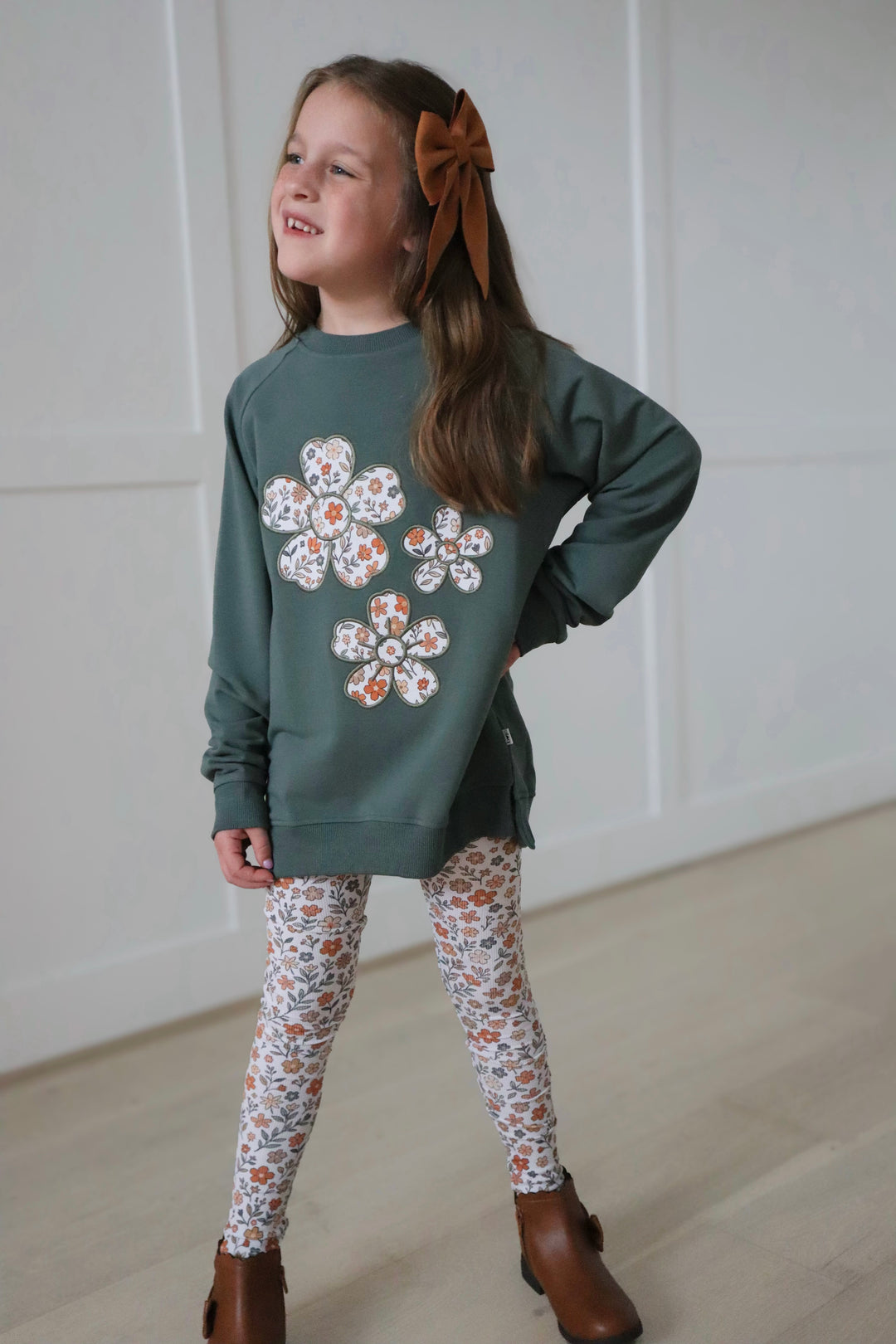 Bamboo COTTON SPANDEX SPICED FLORALS kids EMBROIDERED crewneck (FLEECE LINED)