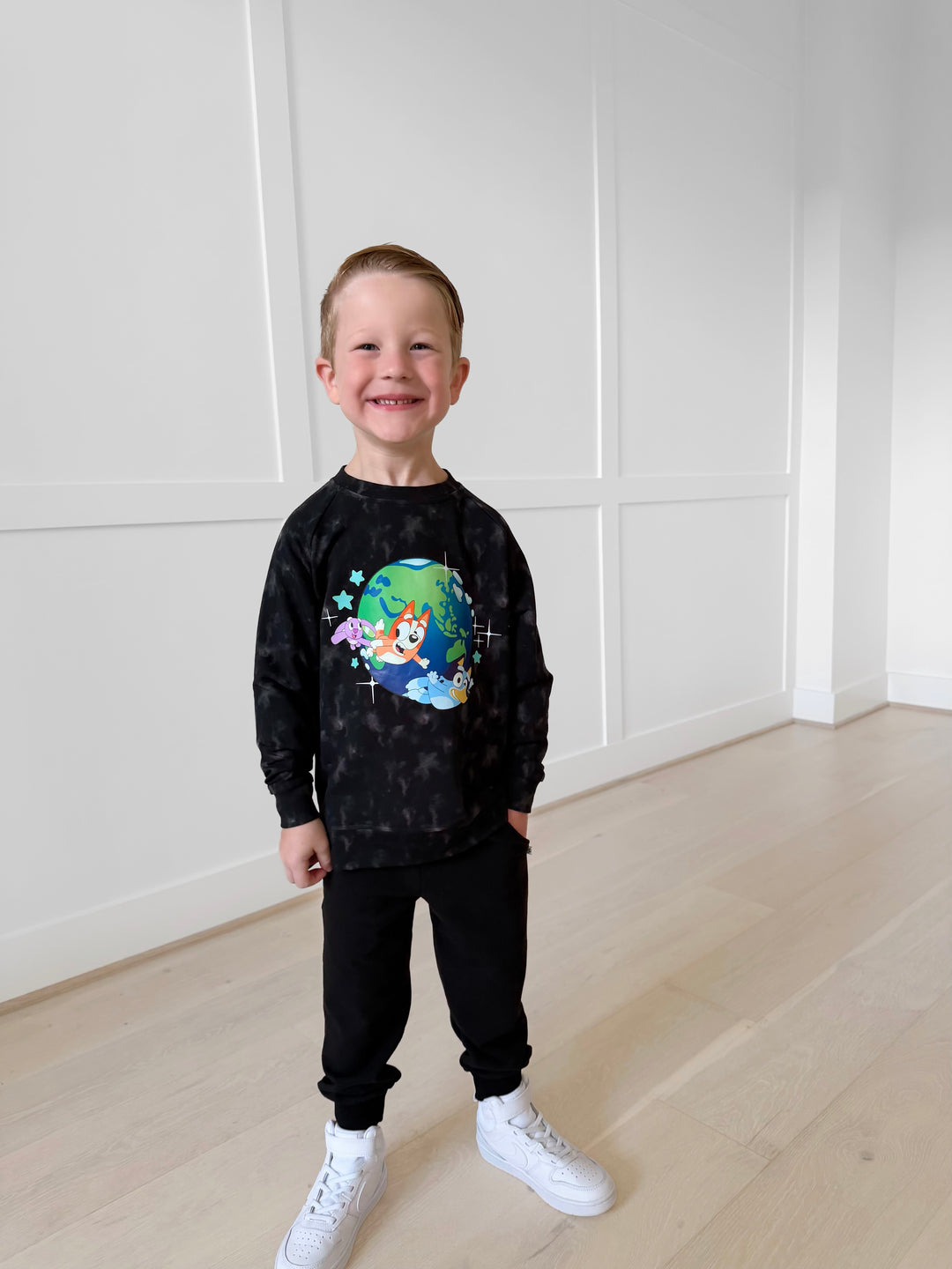 Bamboo COTTON SPANDEX SPACETIME SNOOZES kids GRAPHIC CREWNECK (NO FLEECE)