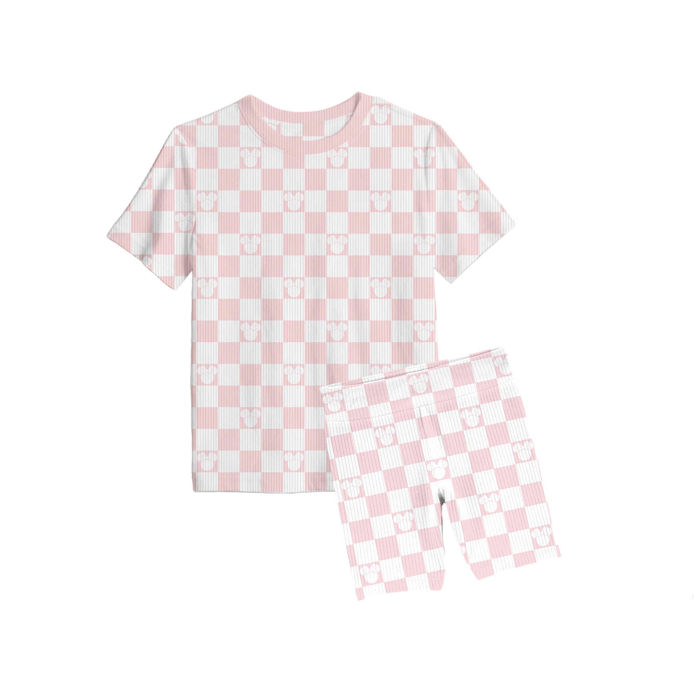 Bamboo RIBBED CHECK YA MOUSE PINK Short Sleeve Oversized Tee Biker Short Set