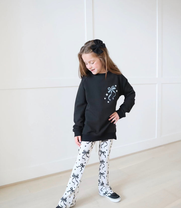 Bamboo COTTON SPANDEX JUST A BOW GIRL kids FRONT &amp; BACK GRAPHIC crewneck (FLEECE LINED)