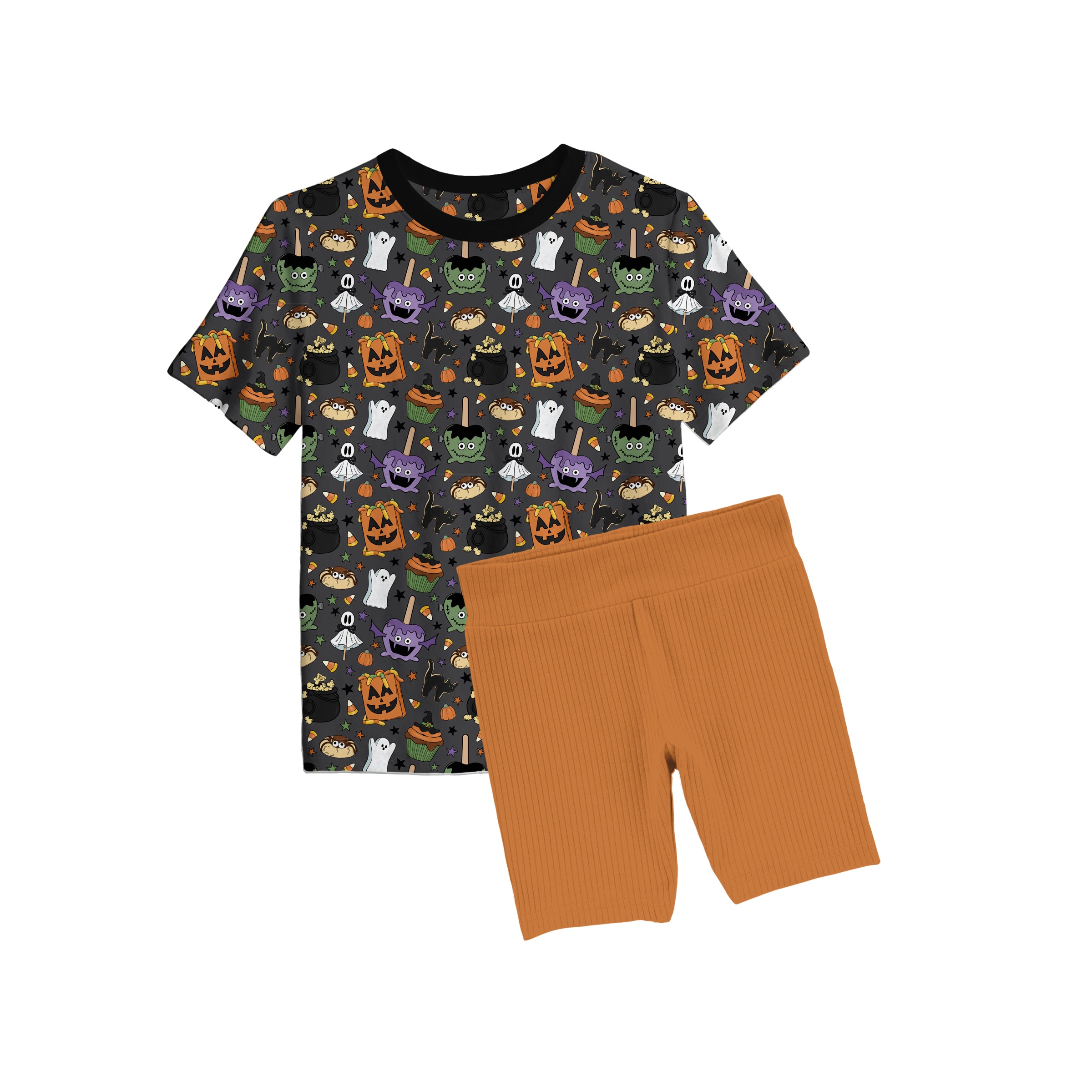 Bamboo No Tricks,Just Treats Short Sleeve Oversized Tee Ribbed Biker Short Set