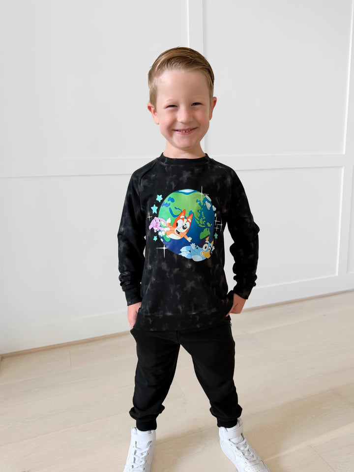 Bamboo COTTON SPANDEX SPACETIME SNOOZES kids GRAPHIC CREWNECK (NO FLEECE)
