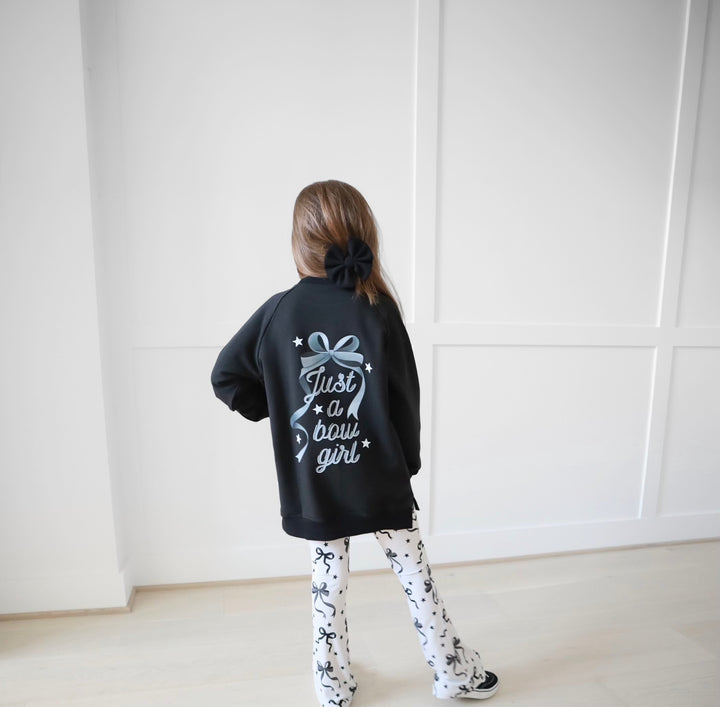 Bamboo COTTON SPANDEX JUST A BOW GIRL kids FRONT &amp; BACK GRAPHIC crewneck (FLEECE LINED)
