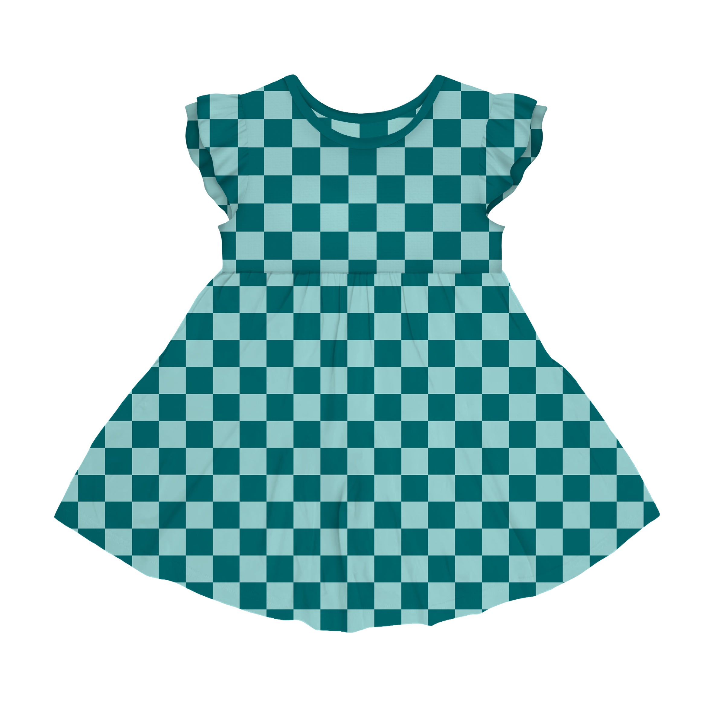 BAMBOO TEAL CHECKS FLUTTER TWIRL DRESS