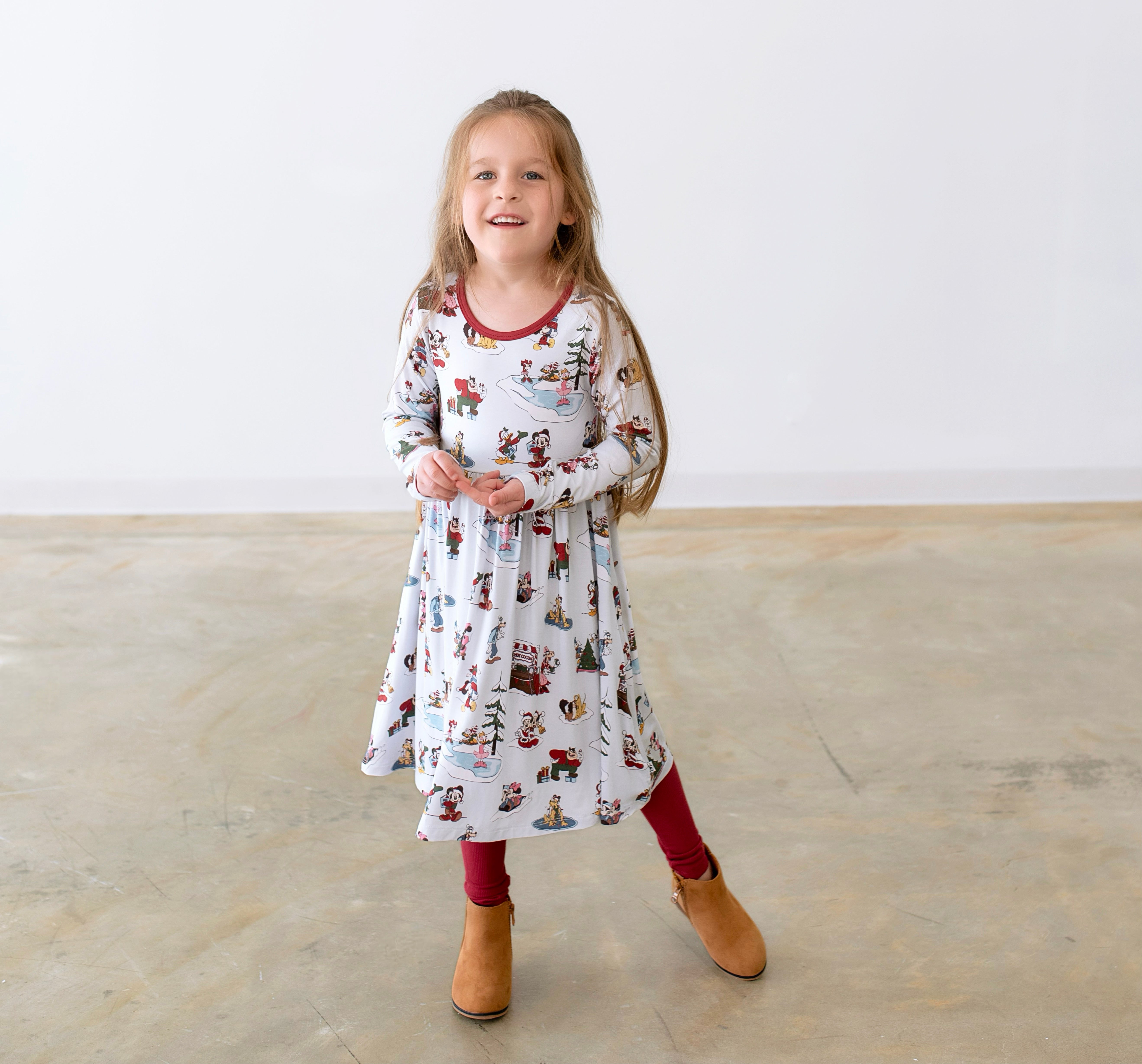 Bamboo Snow Much Fun Long Sleeve Twirl Dress + Ribbed Leggings