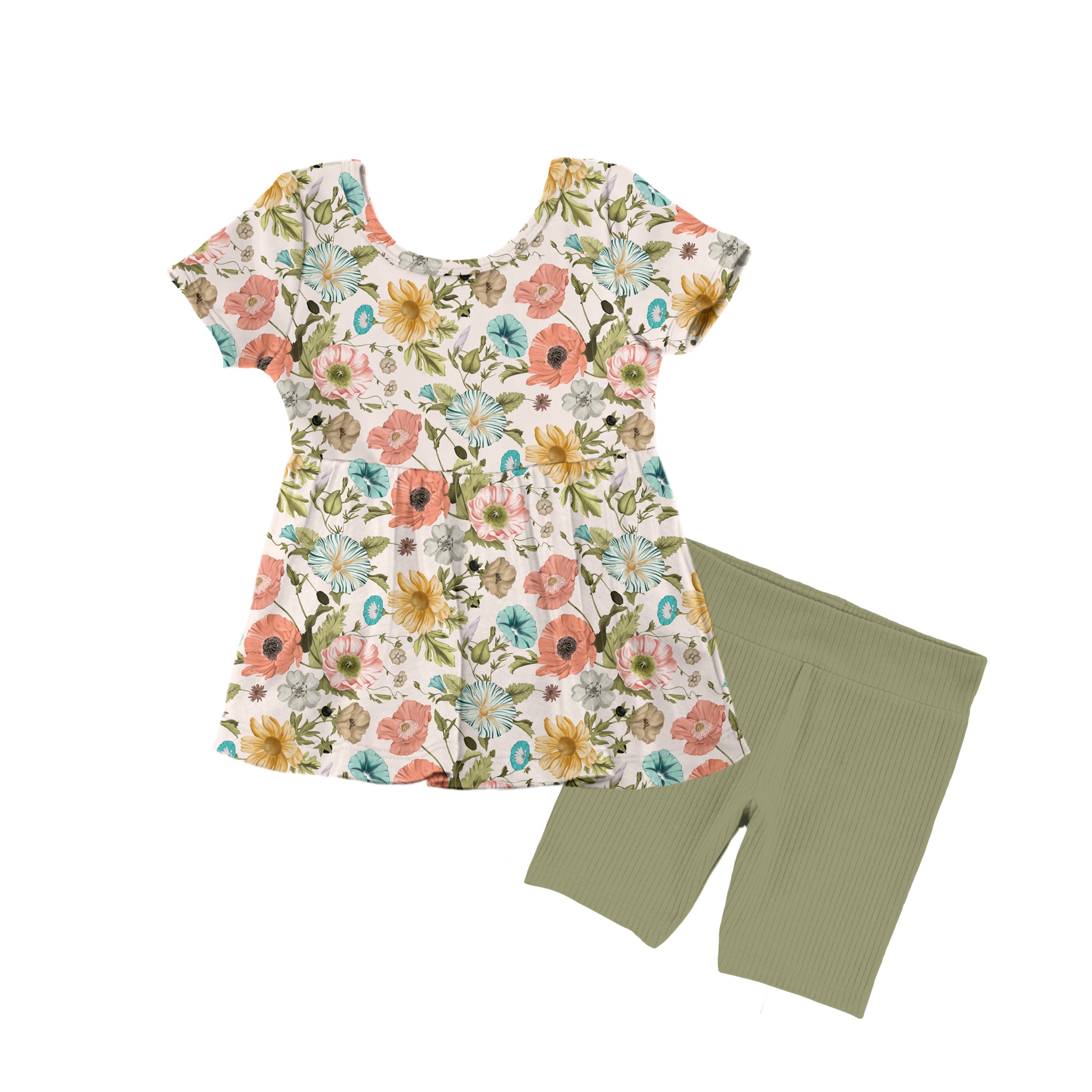 Bamboo LYDIA'S BLOOMS 2.0 Short Sleeve Baby Doll Peplum Top Ribbed SHORTS